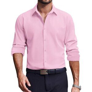 Coofandy Men Solid Pink Long Sleeve Button Down Regular Fit Business Shirt
